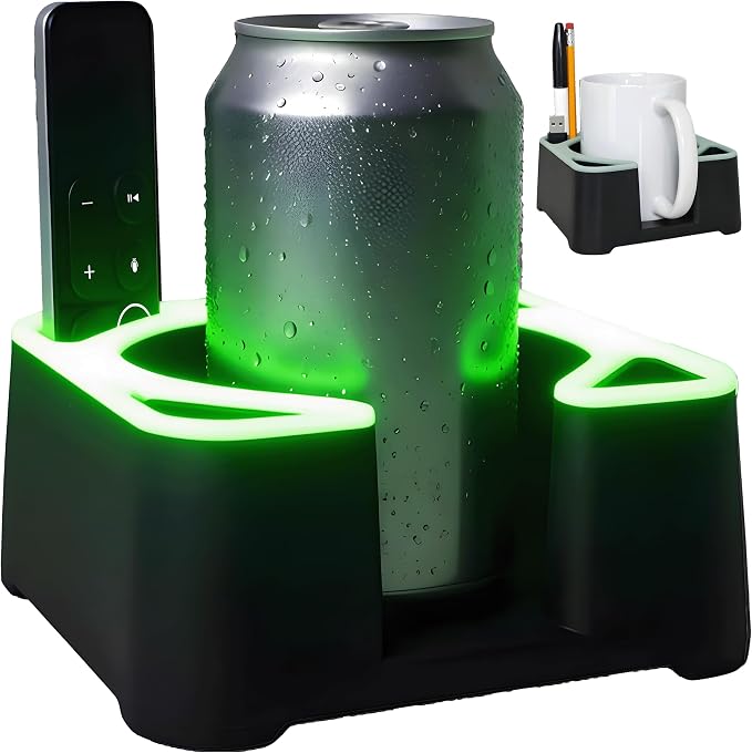 MugBrick™ Glowing Cup Holder. Anti-Spill Drink Caddy for Couch. Desktop Cup Holder Organizer. Portable Mug Holder. Dishwasher Safe Drink Tray. Black + Green Glow