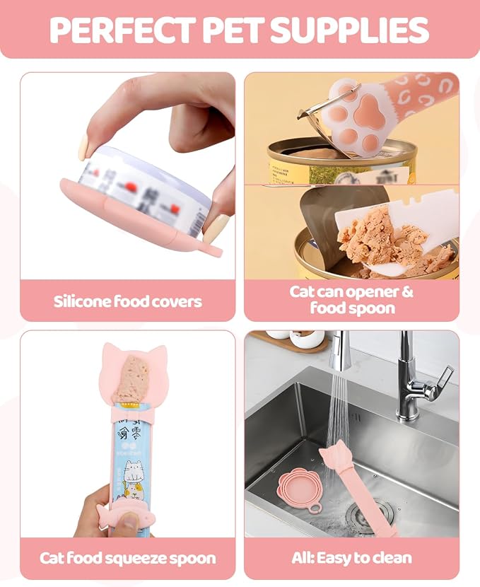 5 PCS Cat Food Can Covers Lids Set, Silicone Pet Food Can Lids with Multi-Function Cat Food Spoon and Opener, Cat Bar Squeezer, Stainless Steel Wet Food Spoon for Cats and Dogs (Pink) (Flower Pattern)