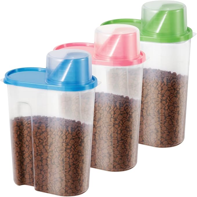 SenseYo 3 Pack 2lb 2.5L Pet Food Storage Container with Measuring Cup BPA Free for Small Dog, Cat, Bird (Blue Pink Green)
