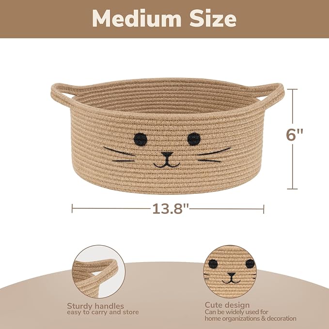 Medium Woven Rope Cat Toy Basket with Cat Face, Jute | 13.8" x 6" Cat Toy Storage Bin for Living Room & Nursery, Pet Gift Basket Empty with Sturdy Handles, Cozy Cats Bed