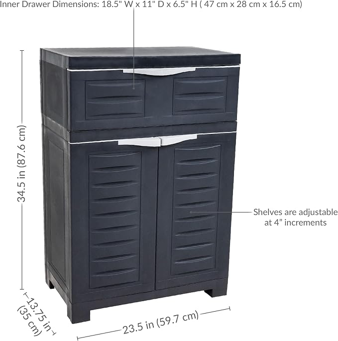 Sunnydaze 34.5" Garage Storage Cabinet with Adjustable Shelf, Charcoal | Heavy Duty Resin Storage Cabinet Resists Rust & Peeling, Utility Cabinet with Drawer & Anti-Tip Kit for Laundry, Office
