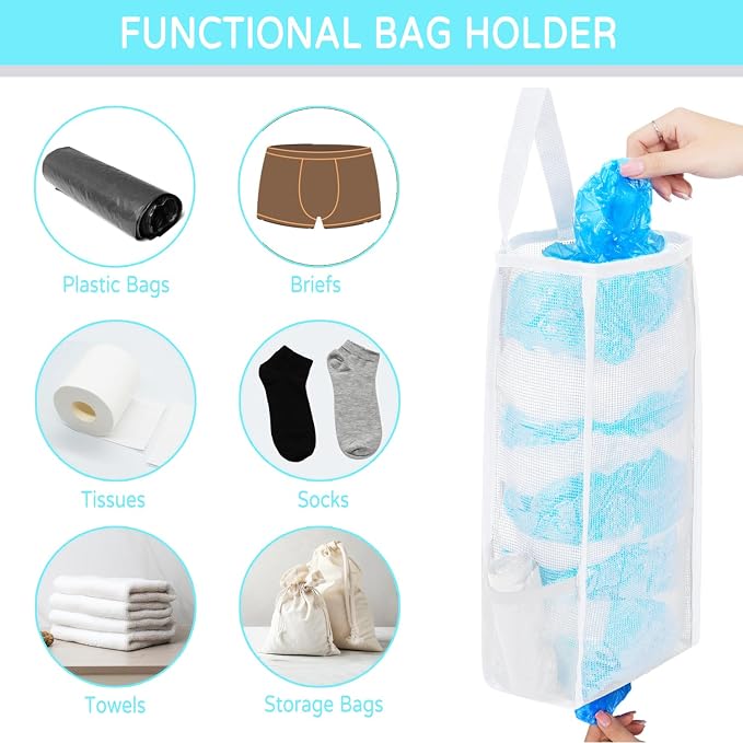 Large Capacity Grocery Bag Holder - Breathable Mesh Plastic Bag Dispenser Organizer (White)