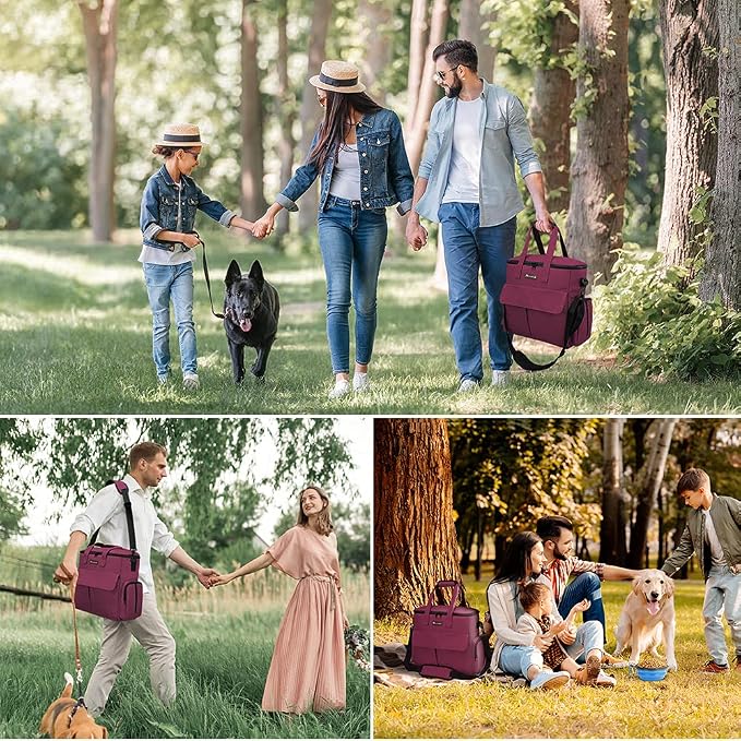 Modoker Weekend Dog Travel Bag with 2 Food Bags, 2 Bowls and Mat,Rose Red | Dog Travel Accessories Organizer for Camping and Road Trips with Roomy Storage, Multiple Pockets and Water-Resistant Oxford