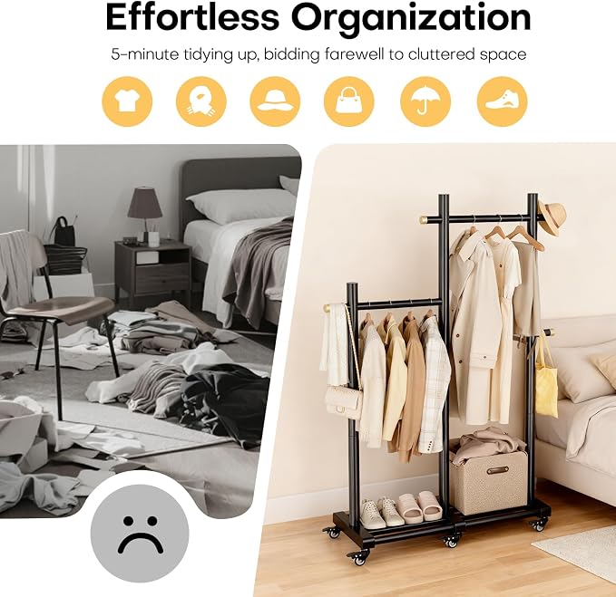 Wooden Clothing Rack, Double Pole Clothes Rack with 4 Hooks & 6 Wheels | Long and Short Clothing Section Design, Load Capacity 360Ib, Garment Rack for Hats, Scarves, Trench Coats, and Shoes