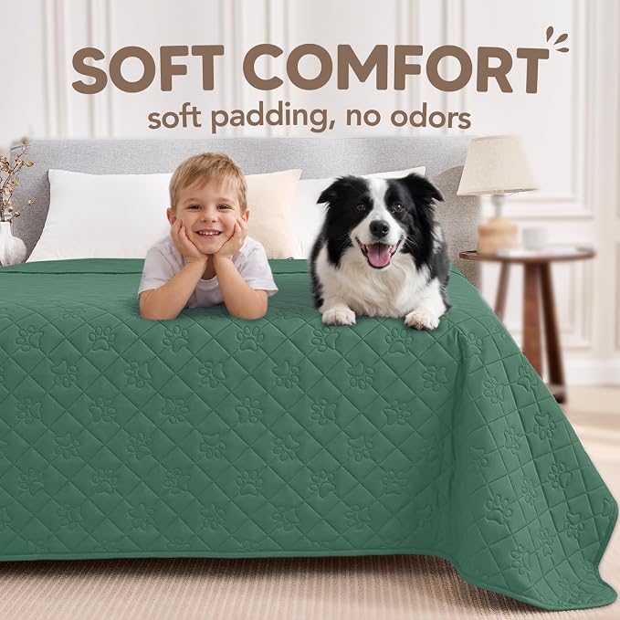 PAWFINITY Waterproof Bed Cover for Dogs, Pet Blanket for Mattress Washable | Paw Print Quilted, Hair Resistant, Anti Cat Scratch, Pee Proof Furniture Protector for Queen Size Bed, 68x82 Inch, Green