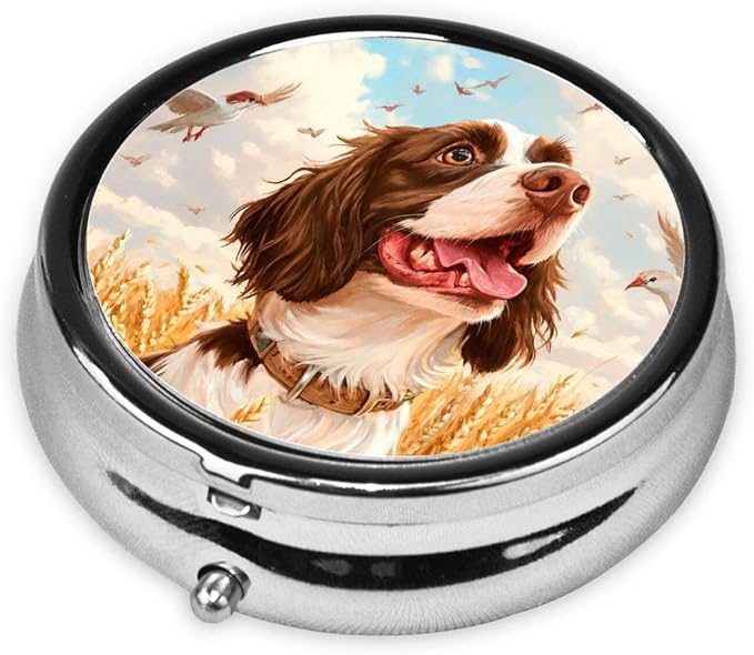 Painting Fall Springer Spaniel Dog Portable Pill Organizer | 3 Compartment, With Mirror, For Men Women, For Daily Supplements, Vitamins, Fish Oil, Jewelry, Candy, Travel