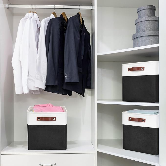 Bagnizer Collapsible Fabric Storage Cubes 11x11 Cube Storage Bins, 4 Pack Closet Baskets Box with Handles for Organizing, Shelf, Toys, Clothes, Home, Office, Nursery (Black&White)