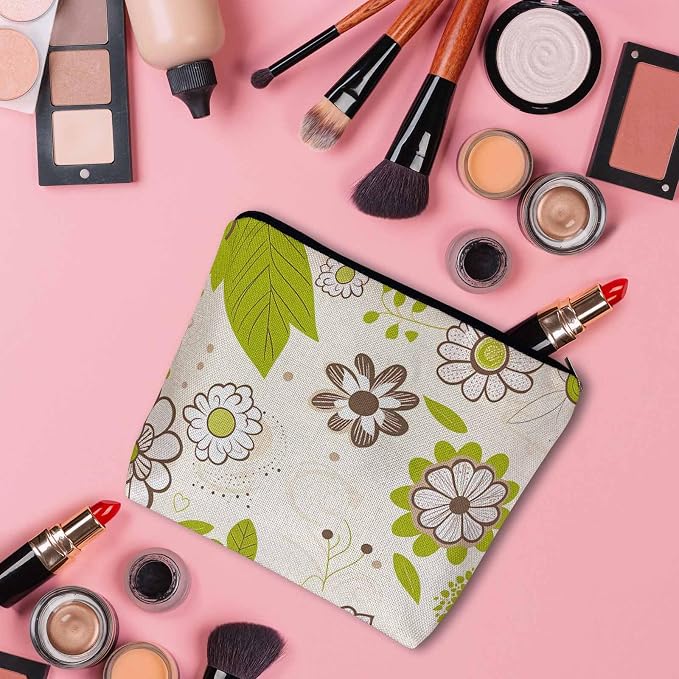 Floral Green Makeup Organizer Bag Cosmetic Bag For Men Women, Blossom Flower Orchard Flower Leaves Travel Toiletry Bag Flax Makeup Bags Purse Business Makeup Pouch For Toiletries Cosmetics
