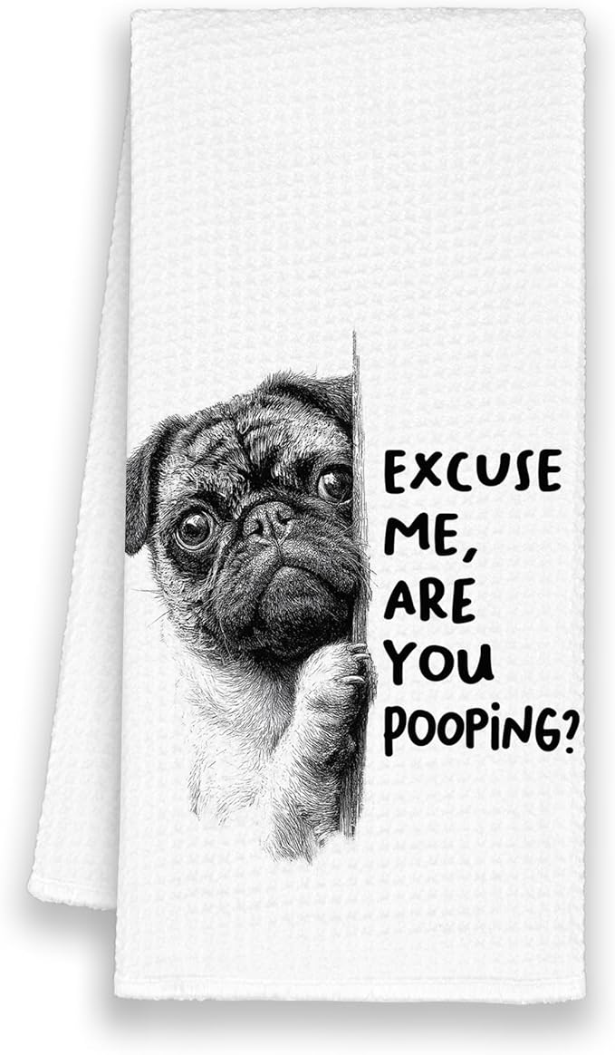 Funny Dog Pug Bathroom Towels, Cute Rustic Hand Kitchen Towels Gifts for Dog Pug Lovers, are You Pooping Bar Dish Towel Decor for Dorm Bar Cafe 16x24in