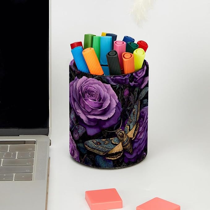 Faux Leather Pen Holder for Desk, Pencil Organizer Purple Flowers Pen Cup Desk Decor Makeup Brush Holder Storage for Office Home