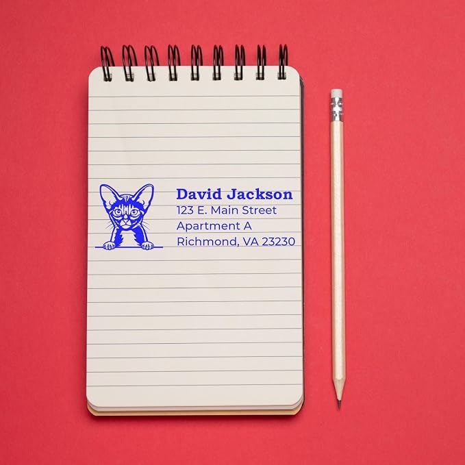 Peeking Abyssinian Cat Wood Handle Address Stamp - Custom Stamp for Mail | Any standard pad works. Abyssinian Cat Envelope Stamp. Custom Address Stamp for Pet Sitters. 4 lines. Nothing to dry out.