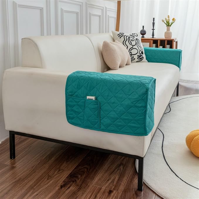 Modern Couch Arm Covers Universal Arm Rest Covers for Sofa Thickened Arm Chair Covers Set of 2 with Pockets Waterproof and Ant-Slip Armrest Organizer(Green)