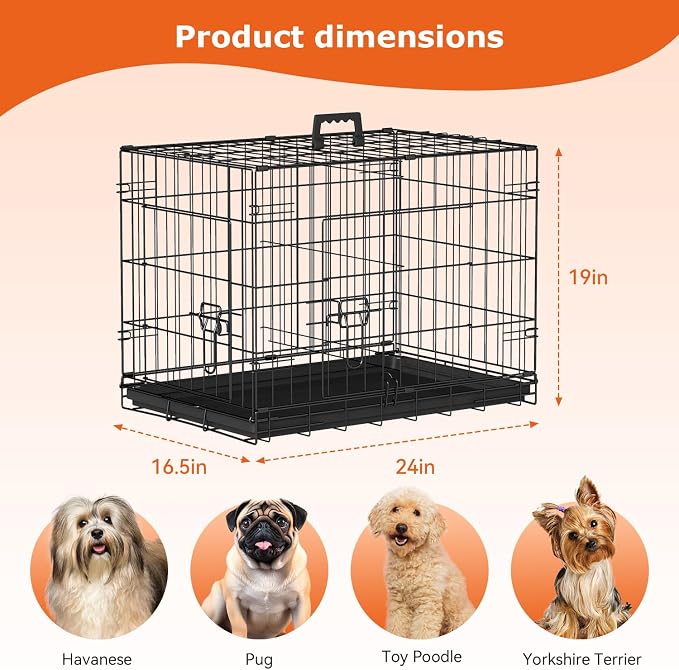 FDW | 24" Foldable Metal Dog Crate | Black | Cage for Small Dogs | Heavy Duty, Portable Wire Kennel with Double Door, Divider & Leak-Proof Tray | For Training, Home, Travel Indoor/Outdoor Use