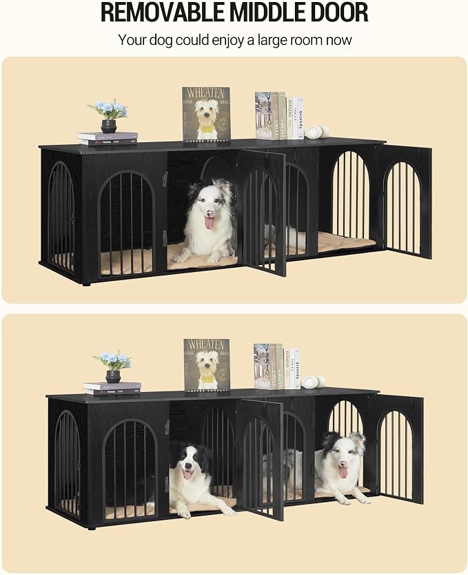 Hzuaneri 70.9" Double Dog Crate Furniture, Dog Kennel Indoor with Cushion | Heavy Duty Dog Crate Furniture for 2 Dogs,Dog Cage End Table TV Stand with Divider for Med-Large Dogs,Black DFC81904B