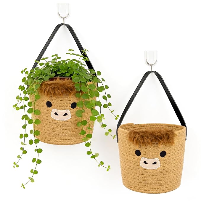 2 Pack Highland Cow Cotton Rope Basket - Cute Brown Basket with Handle for Plants, Toys & Baby Stuff, Western Nursery Decor, Baby Gift Box (7.8"x7")