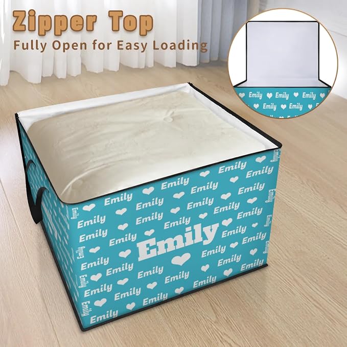 Custom Name Large Clothes Storage Organization with Lids, Kids Toys Bin Shelf Basket, Bedding Clothes Towel Lake Blue Storage Bin for Nursery, Gift Basket, Pet Basket, Full Names Love Hearts Printed