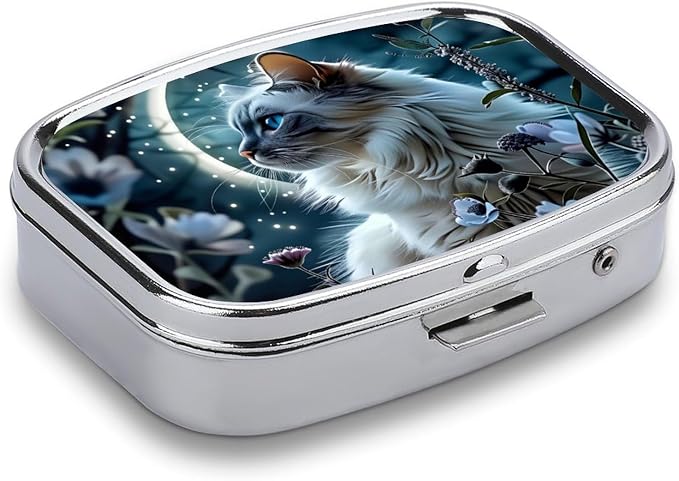 White Cat Pattern Durable Metal Pill Case for Daily Use, 2 Slot Medicine Box Organizer,Leak Proof Travel Pill Container for Vitamins, Compact Pocket Medicine Holder for Seniors,Holiday Gift