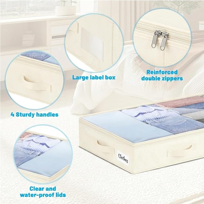 4 Inch Low Profile Under Bed Storage Drawer 2 Pack, Lightweight Underbed Clothes Storage Container Bins With NO STURCTURE, Shallow Storage Bag for Dorm & Home, With Clear Lids & Water-Resistant Fabric