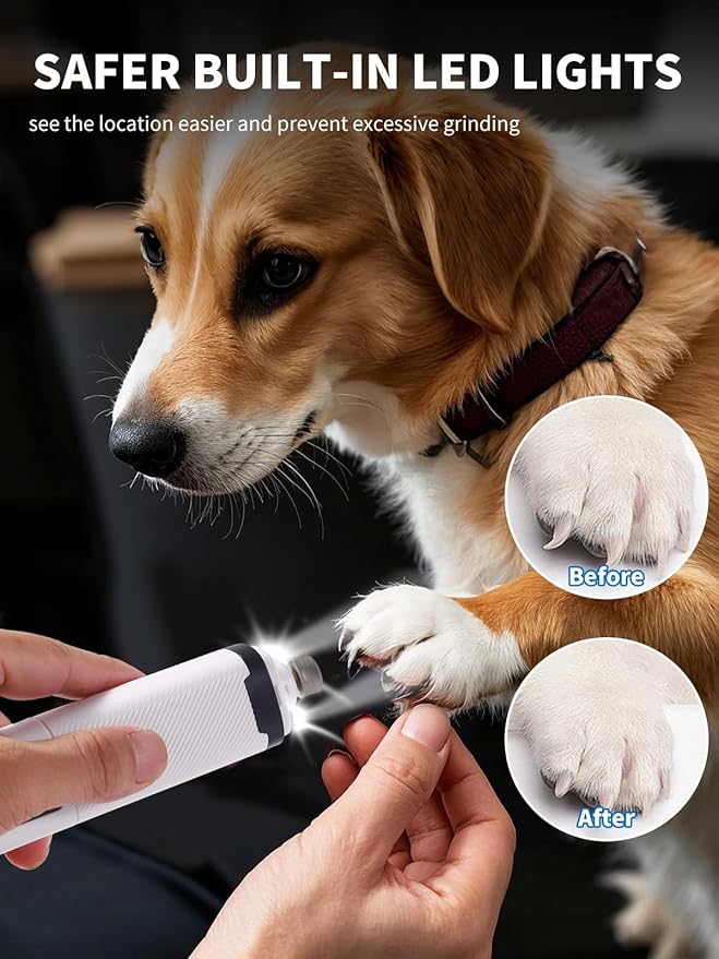 New Upgraded Dog Nail Grinder with LED Lights, 3-Speed Electric Rechargeable Pet Nail Trimmer for Small Medium Large Dogs (White)