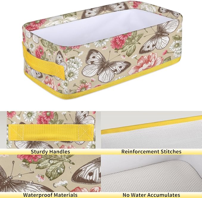 Flowering Butterfly Plants Bathroom Storage Basket, Foldable with Handle Open Countertop Paper Towel Decorative Box, Toilet Tank Top Shelf Baskets for Home Closet Bedroom Living Room Office