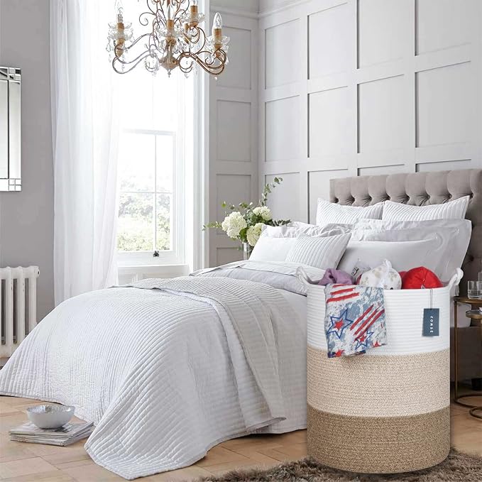 COMSE Tall Woven Blanket & Laundry Basket, 72L, White & Gradient Brown | 15.7”x 21.7”, Cotton Rope, Large Nursery Hamper for Storage of Toys Clothes Towels, Great for Living Rooms Bedrooms Bathrooms