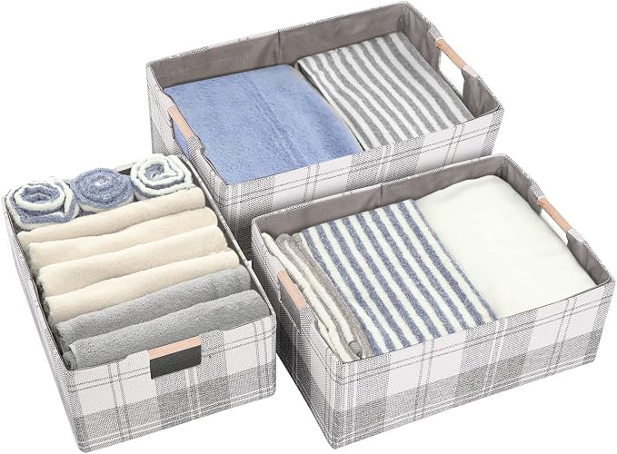 Fabric Storage Box, 13x9in Foldable Cotton Linen Basket with Wooden Handle | Small Rectangular Cube Decorative Home Laundry Organizer Clothes Blanket Container Organizing Clothes Sheet, Light Gray Plaid