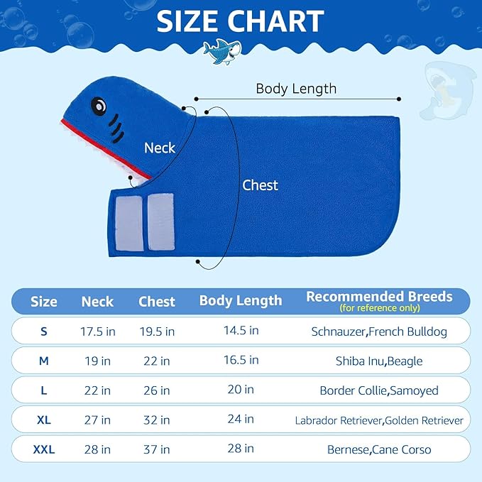 SCENEREAL Dog Bathrobe Fast Drying Towel Microfiber Dog Towel Robe with Hook and Loop Closure & Wrap Tie Snuggle, Super Absorbent Pet Cat Dog Bath Robe Drying Coat, Shark Hood XL