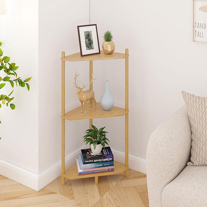 Wisuce Natural Small Corner Shelf Stand, 3-Tier Bamboo Corner Bookshelf | Space-Saving Narrow Corner Shelf | Bathroom Corner Shelf | Shelves for Bedroom, Living Room, Kitchen & Plant Display