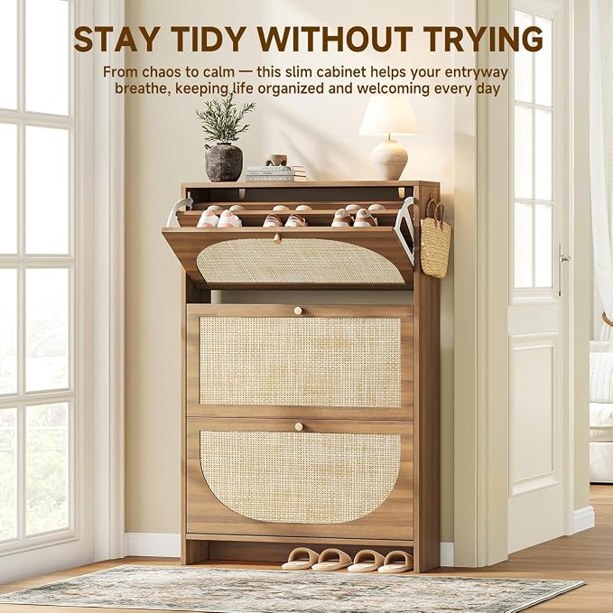 Shoe Storage Cabinet for Entryway, Slim Arched Rattan Accent Shoe Cabinet with 3 Flip Drawers & 3-Tier Adjustable Shelves, Modern Boho Shoe Storage Cabinet, Narrow Shoe Rack for Small Spaces