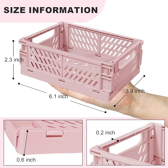 Tobeso-Nuoze Mini Pastel Plastic Storage Bins 2Pcs Foldable Pastel Crates | Basket Colorful Storage Containers Baskets for Classroom Kitchen Office Bedroom Desktop Home Decor (Pink 5.8" x 3.8" x 2.2")