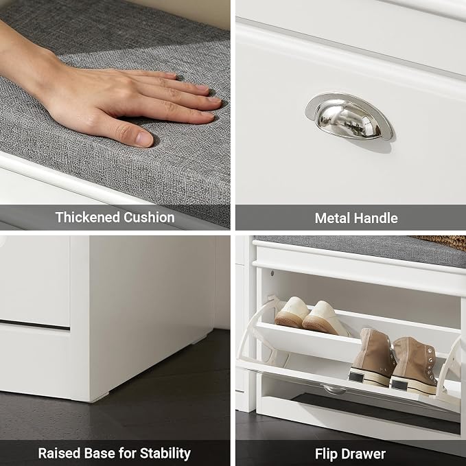 Haotian Small Shoe Cabinet for Entryway | Shoe Storage Bench with 1 Flip-Drawer and Seat Cushion, White, FSR82-K-W