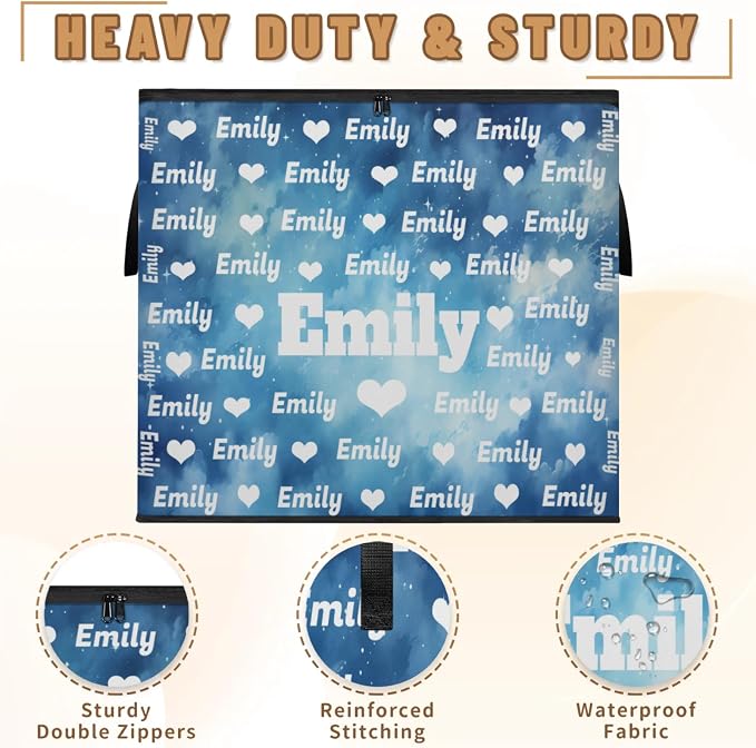 Personalized Name Large Storage Basket with Lid, Watercolor Blue Starry Night with Love Heart Canvas Storage Bins Quilt Clothes Organizer for Bedroom, Kitchen, Bathroom, Nursery, Shelves, Closets