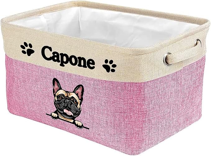 Personalized Fabric Dog Toy Storage Basket with Cute Dog French Bulldog Collapsible Sturdy Fabric Pet Toys Storage Bin Cube with Handles for Organizing, Pink and White