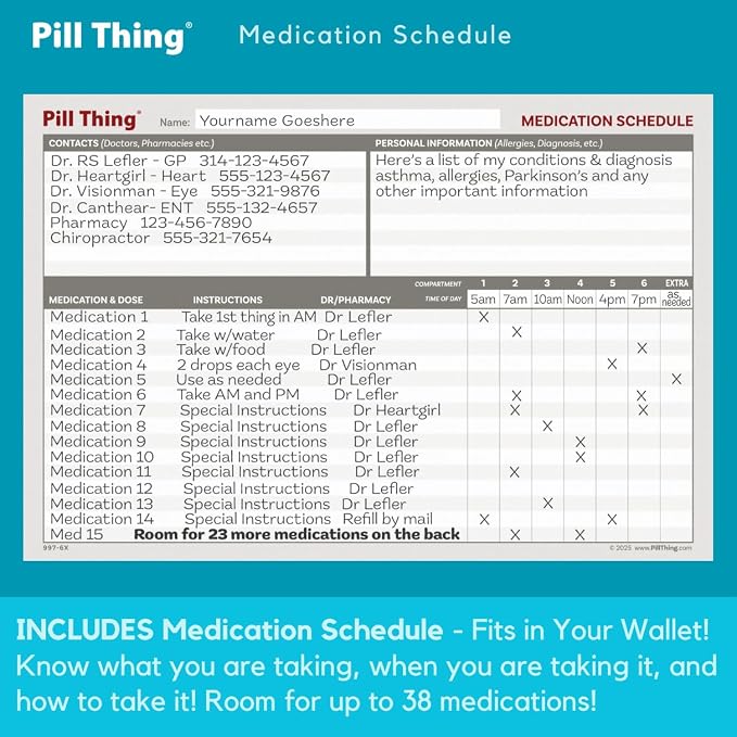6 Times a Day Weekly Pill Box Organizer Case, Secure 7X Pillbox with Medication Schedule (6 Time-a-Day)