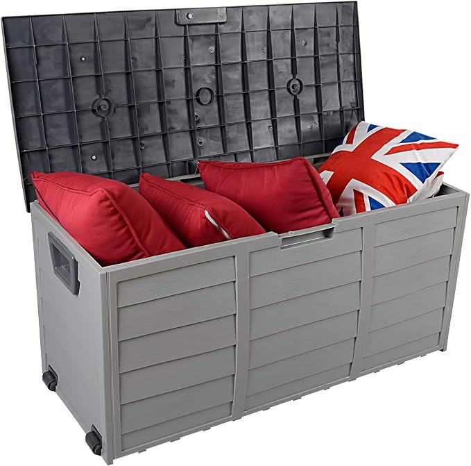 75 Gallon Outdoor Storage Box with Wheels, Waterproof Resin Deck Box for Patio Cushions Garden Tools Toys, Rolling Garden Storage Bin, Weather Resistant Trunk, Plastic Lockable Seat Bench