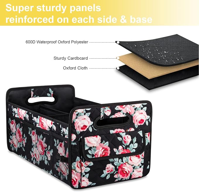 Car Trunk Organizer for SUV, Collapsible Car Storage Organizer Black Floral | Sturdy, Large Capacity, Diamond Decor, Multi Compartment Container Box Adjustable Car Accessories for Sedan Truck