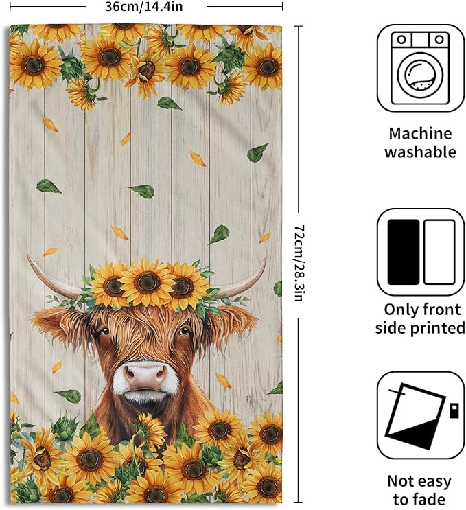 Giwawa Highland Cow Hand Towel Set of 2, Spring Summer Sunflowers Cattle Decorative Towels, Yellow Floral Wood Baord Soft Microfiber Face Towel Washcloth for Bathroom Guest Gym Spa Hotel