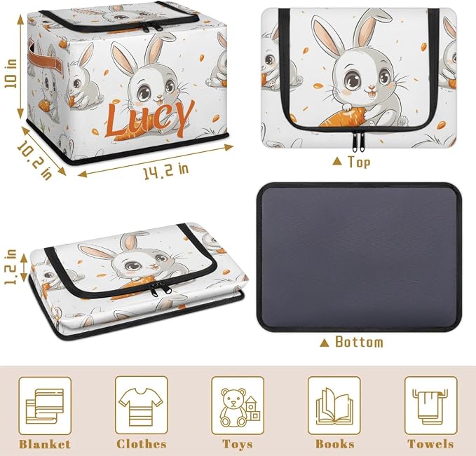 Custom Cute Rabbit Storage-Bin With Zipper Lid for Kids-Girls-Boys-Baby-Pet,Personalized Name Foldable Storage Box with Handle,Baby Basket With Label for Bedroom Nursery Toy Clothes