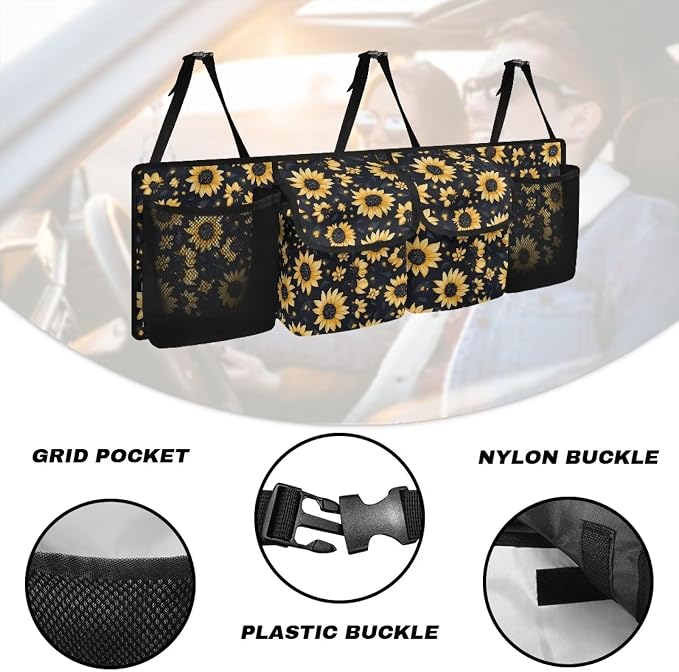 Dreaweet Sunflower Car Trunk Organizers for Women Collapsible Trunk Organizer for SUV with 4 Big Pockets Car Storage Accessories Interior Easy to Install Multifunctional Car Seat Back Storage Bag