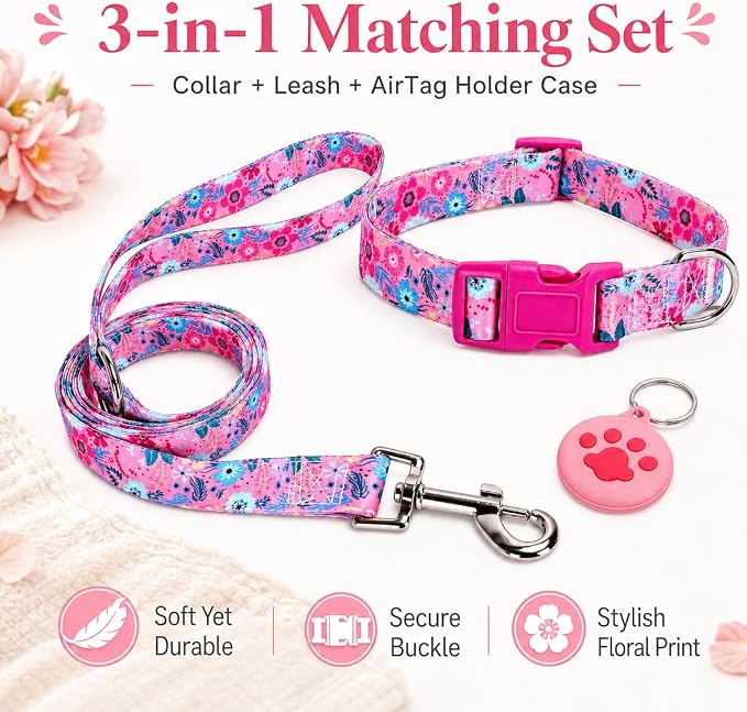 Floral Matching Dog Collar and Leash Set with AirTag Holder-Rose Daisy/XS | Anti-Lost,Adjustable Durable Pet Collar Leash Combo for Puppy X-Small Boy Girl Dogs,Outdoor Walking Hiking Training Running