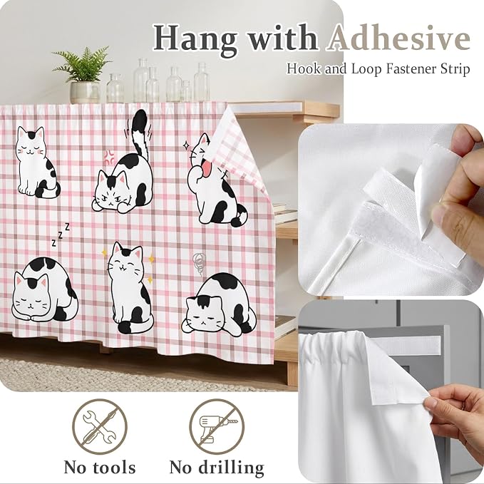Cute Cat Cabinet Curtain 32"Wx55"L, Dustproof Pantry Door Curtain with Self Adhesive Tape, Modern Playful Pet Cats Pink Brown Plaid Tall Storage Cover Privacy Drape for Bathroom Kitchen Laundry Room