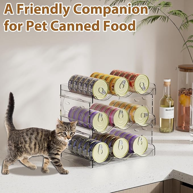 Flenpptly Cat Food Can Organizer, 4-Tier Cat Food Organizer | Transparent Can Organizer for Pantry, Canned Food Organizer Holds 60 (3oz) Cans, Pantry Can Organize (4-Tier 3-Can)