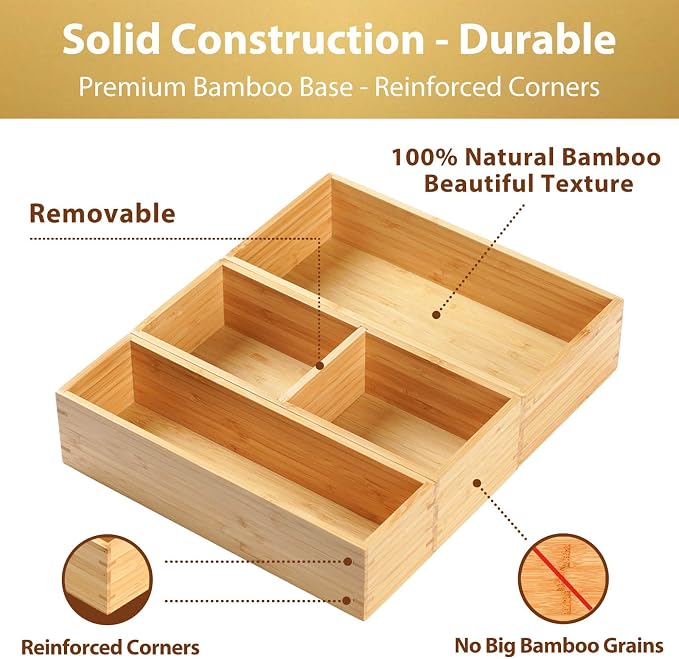 Drawer Organizer Storage Boxes, 2.5" High Bamboo Drawer Dividers, 3 Rearrangeable Bins for Kitchen, Office Desktop, Clothing, Makeup, vanity, Jewelry