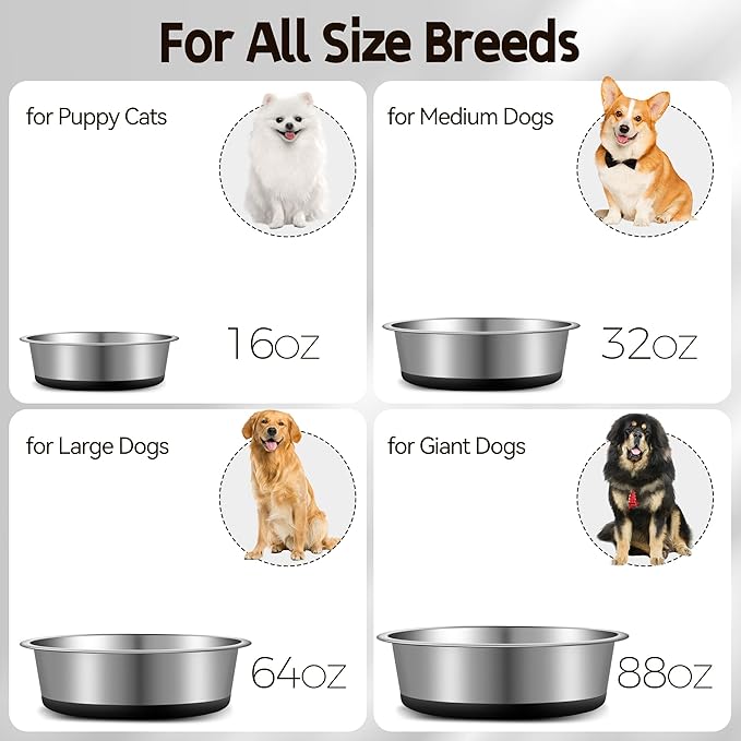 Stainless Steel Dog Bowls, Non Slip Dog Metal Bowls, 2 Pack Food and Water Pet Feeders Heavy Duty Dishwasher Safe (16oz, 2cup)