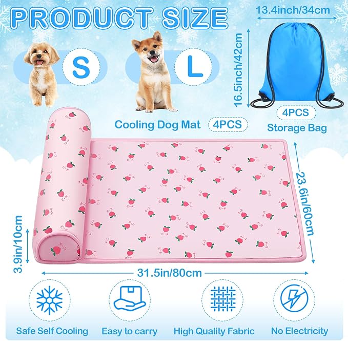 DoubleFill 4 Pack Cooling Pet Mats 23.6" x 31.5" Cooling Dog Beds with Supportive Pillow Self Ice Washable Cool Pads Summer Cat Sleeping Pad with Storage Bag for Summer Crate Floor (Large, Pink)