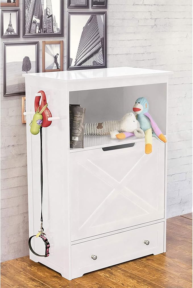 zoovilla Windsor Pet Feeders with storage - dog bowl stand, pet feeder station, White 13.78?D x 24.02?W x 35.04?H