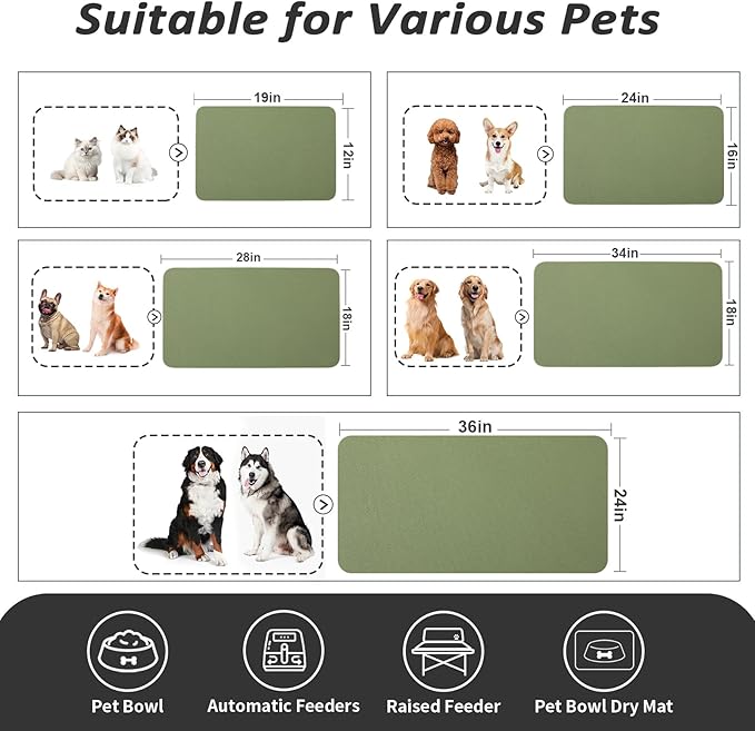 HotLive Dog Food Mat - Absorbent Cat Mat for Food and Water, No Stains Pet Feeding Bowl Mat, Easy to Clean Pet Placemats, Quick Dry Dog Water Dispenser Mat for Messy Drinkers | Green 16"x 24"
