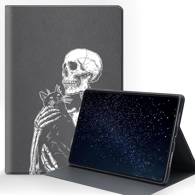 for Samsung Galaxy Tab A9 Plus/A9+ 5G 11 Inch 2023 (SM-X210/X215/X216/X218) Tablet Protective Cover with Adjustable Stand and Magnetic Auto Wake/Sleep,Skeleton Holding Black Cat