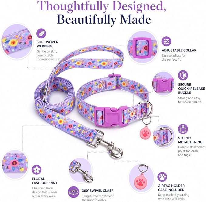 Floral Matching Dog Collar and Leash Set with AirTag Holder-Purple Daisy/XS | Anti-Lost,Adjustable Durable Pet Collar Leash Combo for Puppy X-Small Boy Girl Dogs,Outdoor Walking Hiking Training Running
