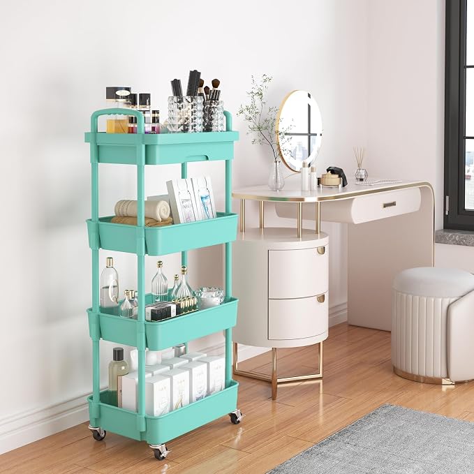 Calmootey 4-Tier Utility Cart with Drawer & Wheels, Storage for Home,Office | Space-Saving Organizer, Sturdy Plastic Shelves, Smooth-Rolling Metal Wheels, Built-in Drawer for Small Items, Green